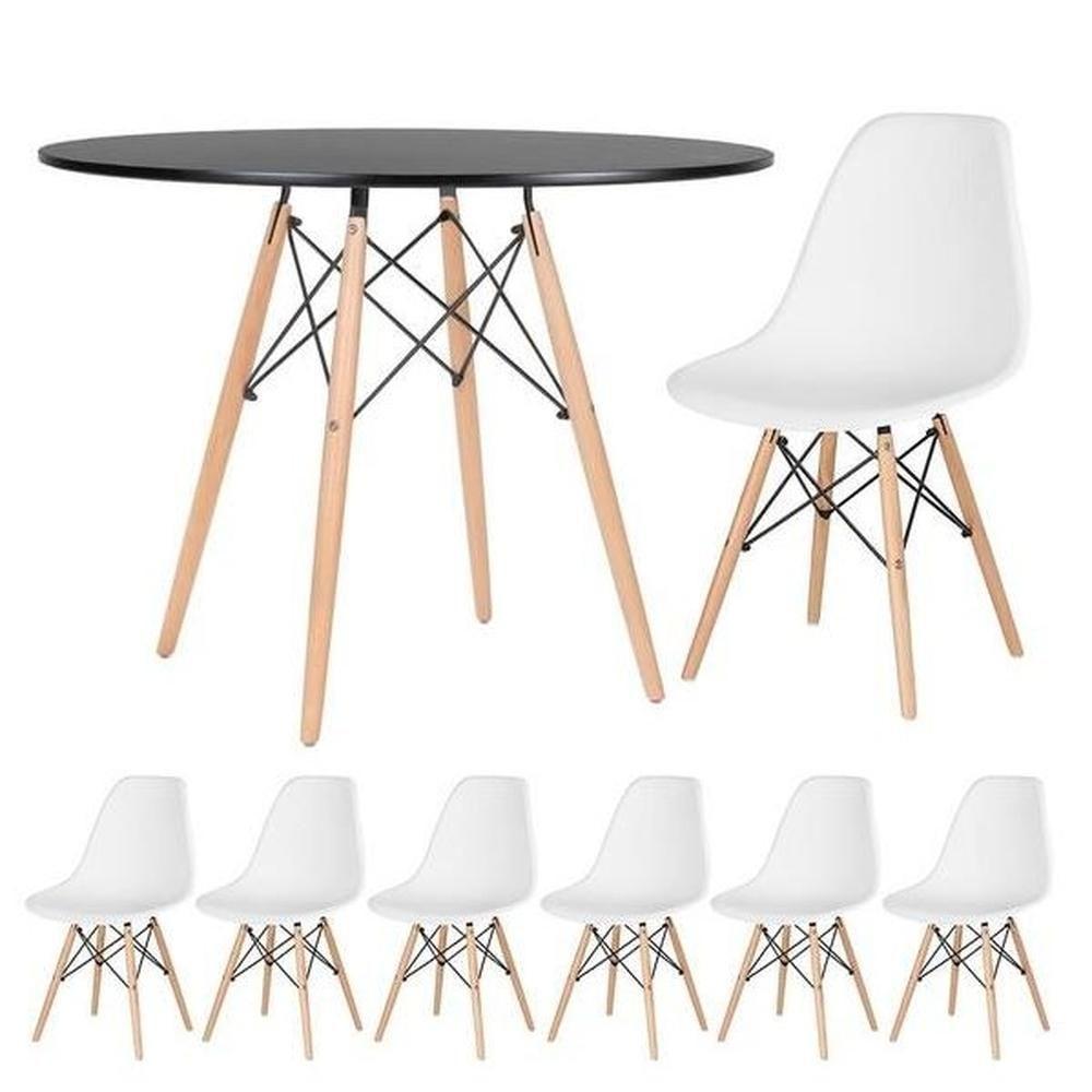 Conjunto De Mesa De Jantar Eames Eiffel Redonda 120cm Tampo De Madeira Preto Com 6 Cadeiras Brancas - 1
