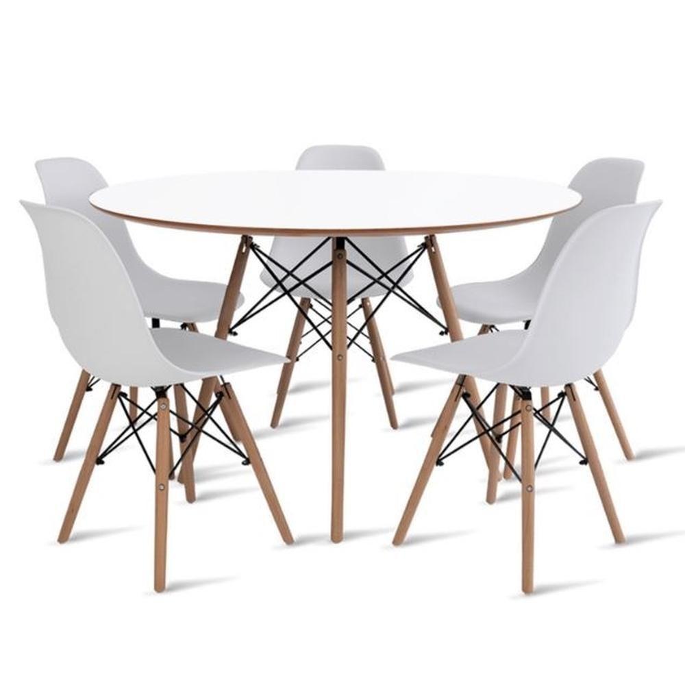 Conjunto De Mesa De Jantar Eames Eiffel Redonda 100cm Tampo De Madeira Branco Com 5 Cadeiras Brancas - 1