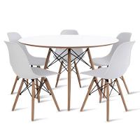 Conjunto De Mesa De Jantar Eames Eiffel Redonda 100cm Tampo De Madeira Branco Com 5 Cadeiras Brancas - 1