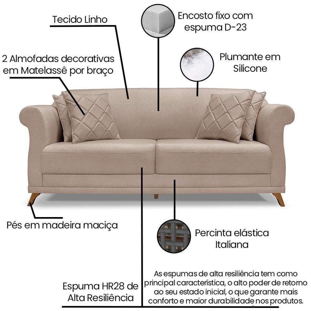 Sofa 2 Lugares Retro Polo 180cm Com Almofada Linho Areia Ezz Areia - 3
