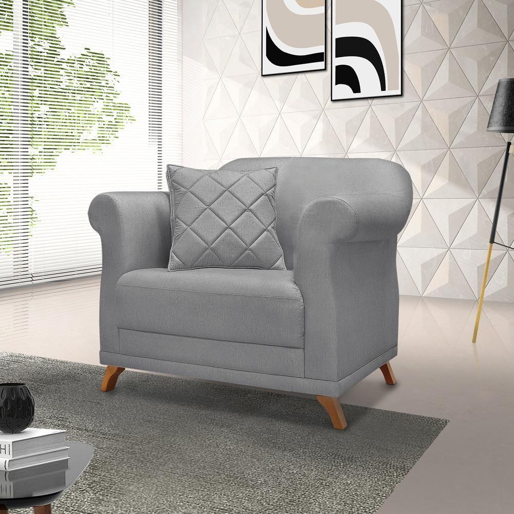 Poltrona Decorativa Retro Polo Com Almofada Linho Cinza Ezz Cinza - 6