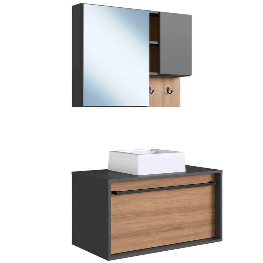 Kit Gabinete Com Cuba E Espelheira 80cm Mel Grafite Proddy Mel Grafite - 1