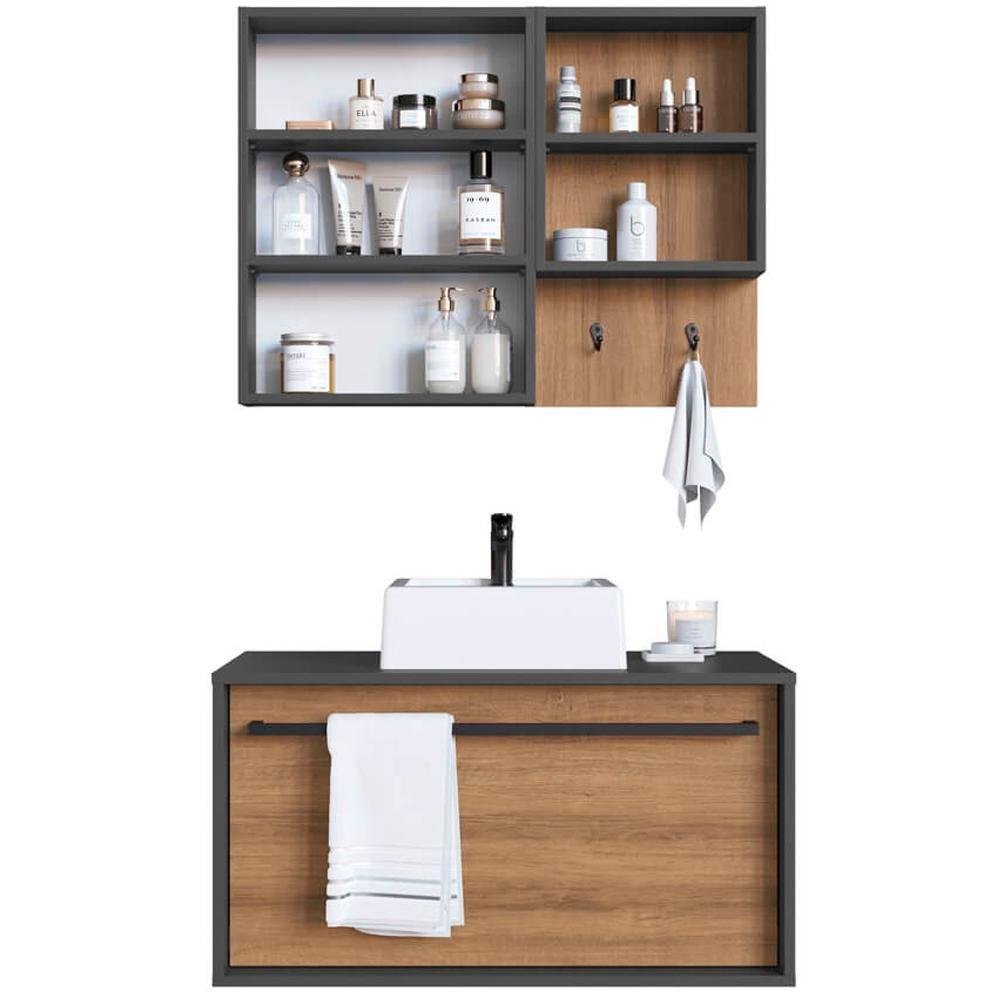 Kit Gabinete Com Cuba E Espelheira 80cm Mel Grafite Proddy Mel Grafite - 2