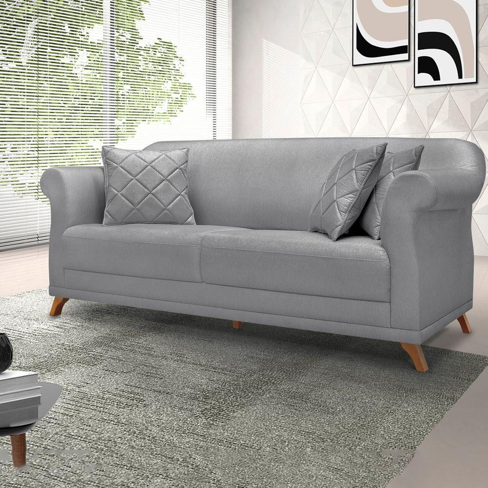Sofa 3 Lugares Retro Polo 200cm Com Almofada Linho Cinza Ezz Cinza - 6