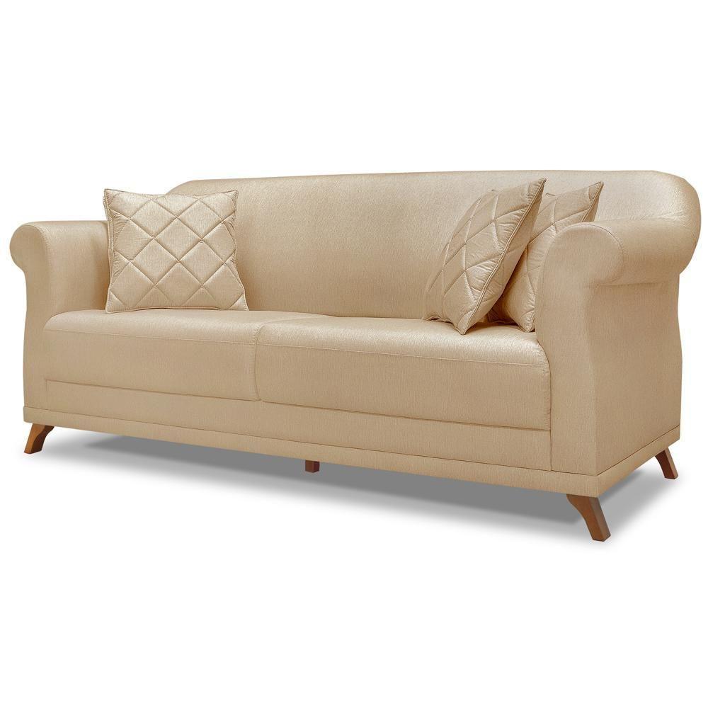 Sofa 3 Lugares Retro Polo 200cm Com Almofada Linho Dourado Ezz Dourado - 1