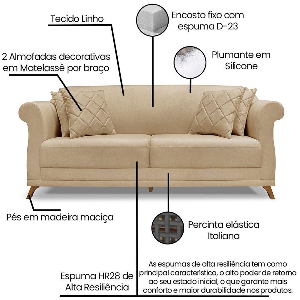 Sofa 3 Lugares Retro Polo 200cm Com Almofada Linho Dourado Ezz Dourado - 6