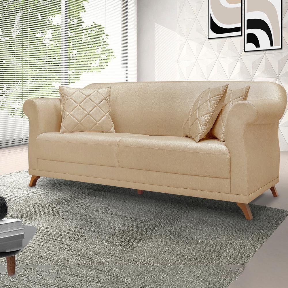 Sofa 3 Lugares Retro Polo 200cm Com Almofada Linho Dourado Ezz Dourado - 8