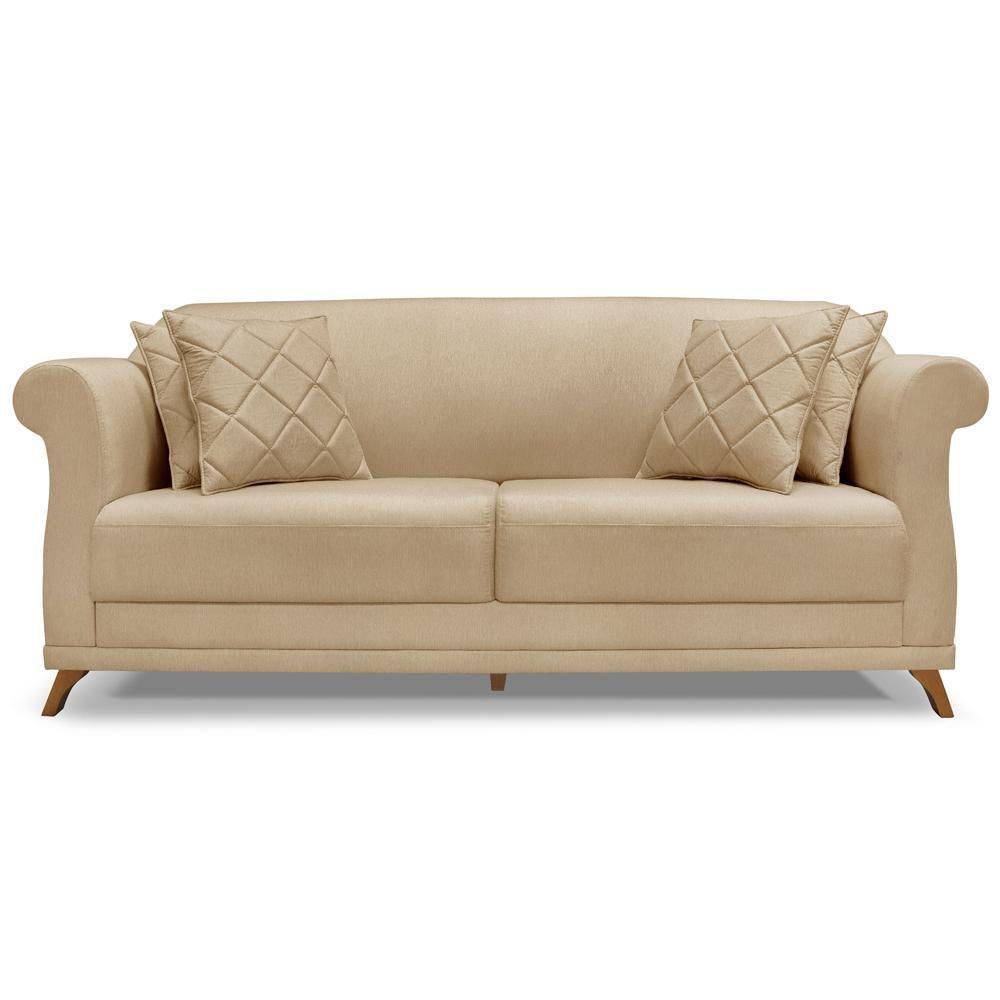 Sofa 3 Lugares Retro Polo 200cm Com Almofada Linho Dourado Ezz Dourado - 10
