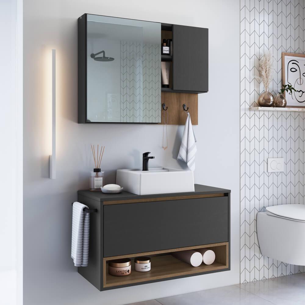 Conjunto Armario E Gabinete 80cm Com Cuba Mel Grafite Proddy Mel Grafite - 6