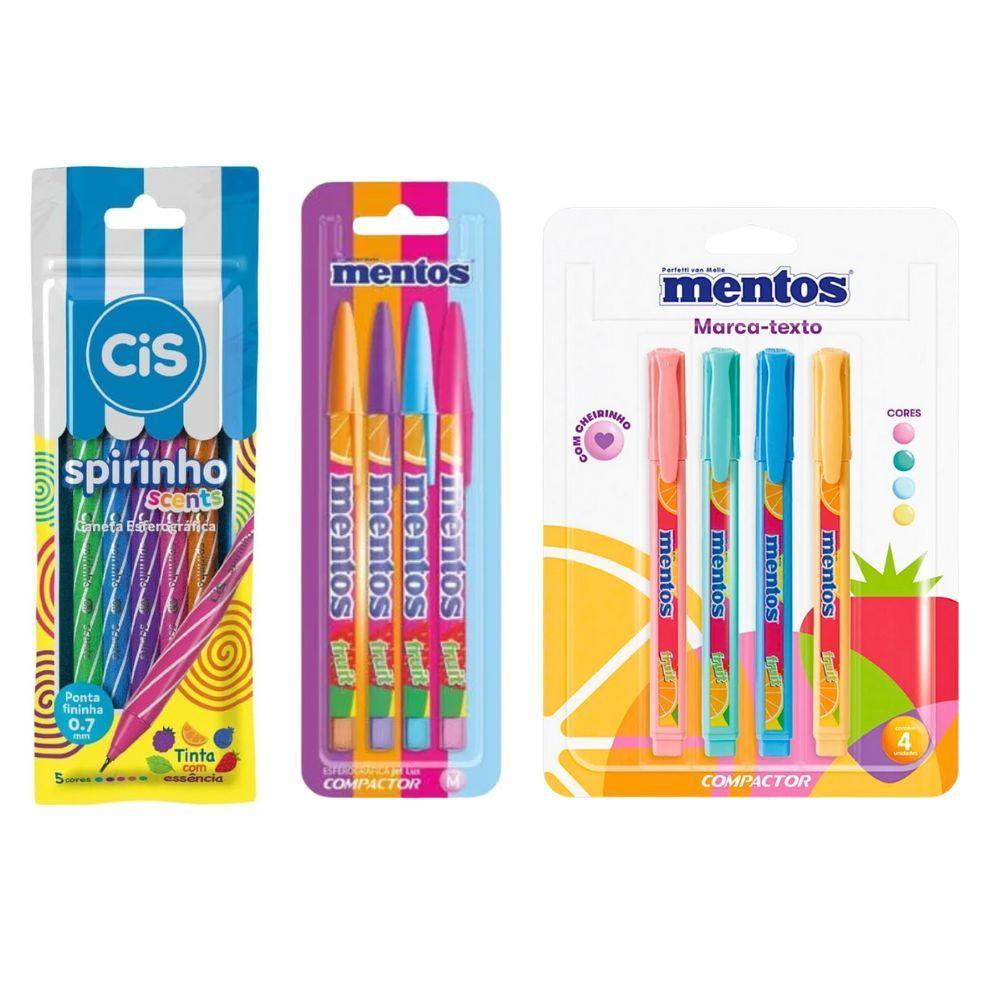 Kit Caneta Jet Lux Mentos + Marca Texto Mentos Com Cheirinho + Caneta Mini Spirinho - 1