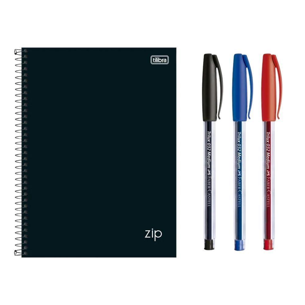 Kit 1 Caderno Espiral Universitário 1 Matéria 80 Folhas Zip + 3 Canetas Esferográfica Trilux - 1