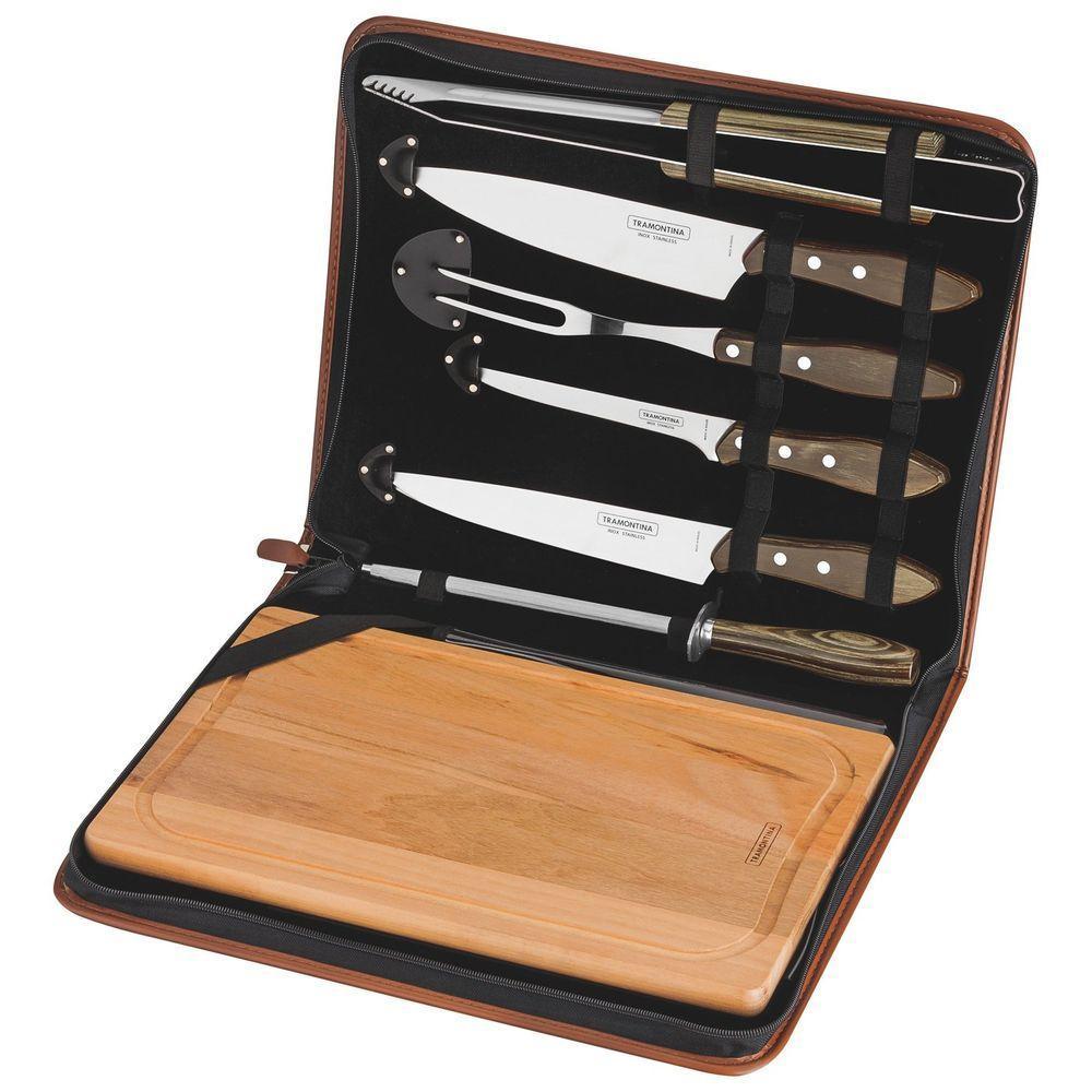 Kit Para Churrasco Tramontina Em Aço Inox Cabo Castanho Polywood Com Tábua E Estojo 8 Peças Tramontina - 1