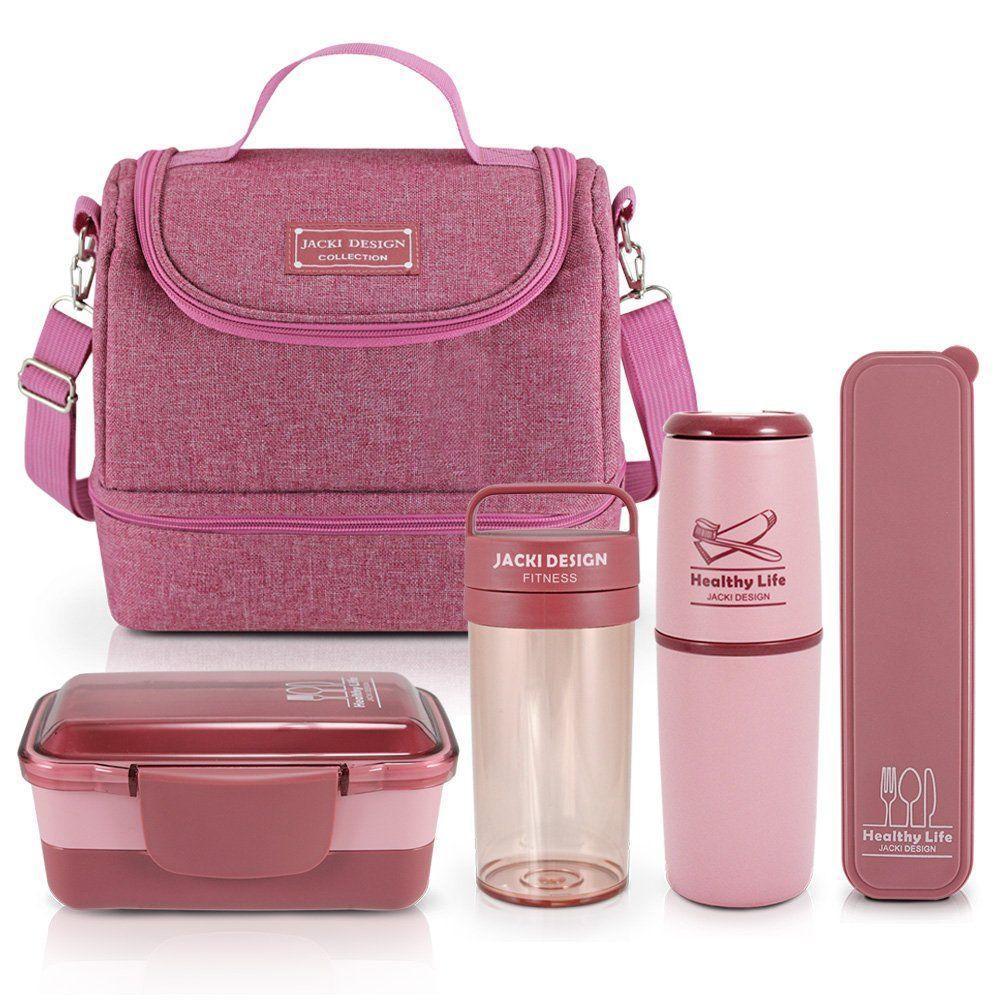 Bolsa Térmica Com 2 Compartimentos Pote Marmita e Garrafa Porta Talher e Porta Escova Rosa - 1