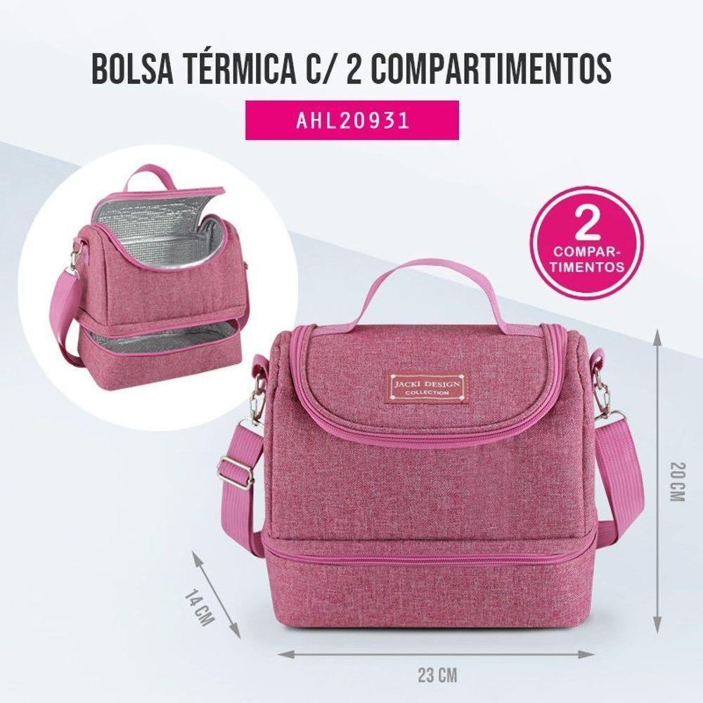 Bolsa Térmica Com 2 Compartimentos Pote Marmita e Garrafa Porta Talher e Porta Escova Rosa - 3