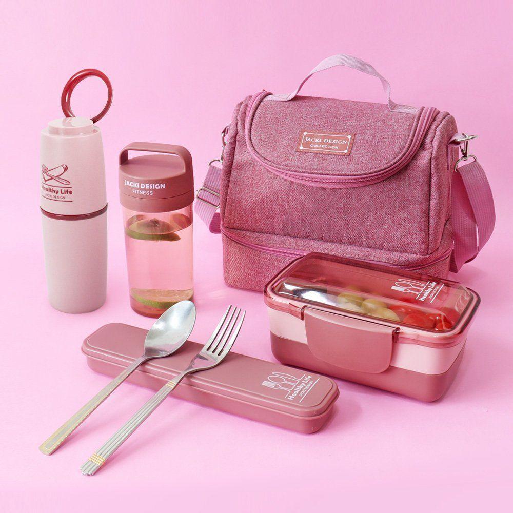 Bolsa Térmica Com 2 Compartimentos Pote Marmita e Garrafa Porta Talher e Porta Escova Rosa - 6