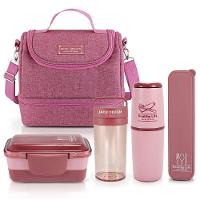 Bolsa Térmica Com 2 Compartimentos Pote Marmita e Garrafa Porta Talher e Porta Escova Rosa - 1