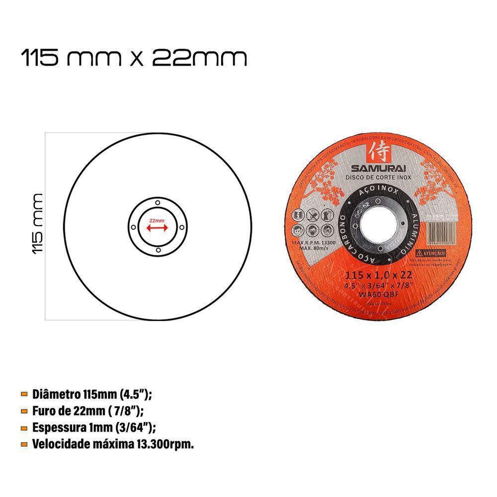 Kit 100 Discos De Corte Inox Fino 1mm Samurai 115x22mm 4 1/2 - 6