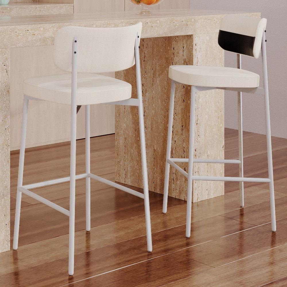 Kit 04 Banquetas Alta Bar Cozinha Sala De Jantar Aço Branco Kaira C01 Linho Palha Courino Preto - Lyam Decor - 2