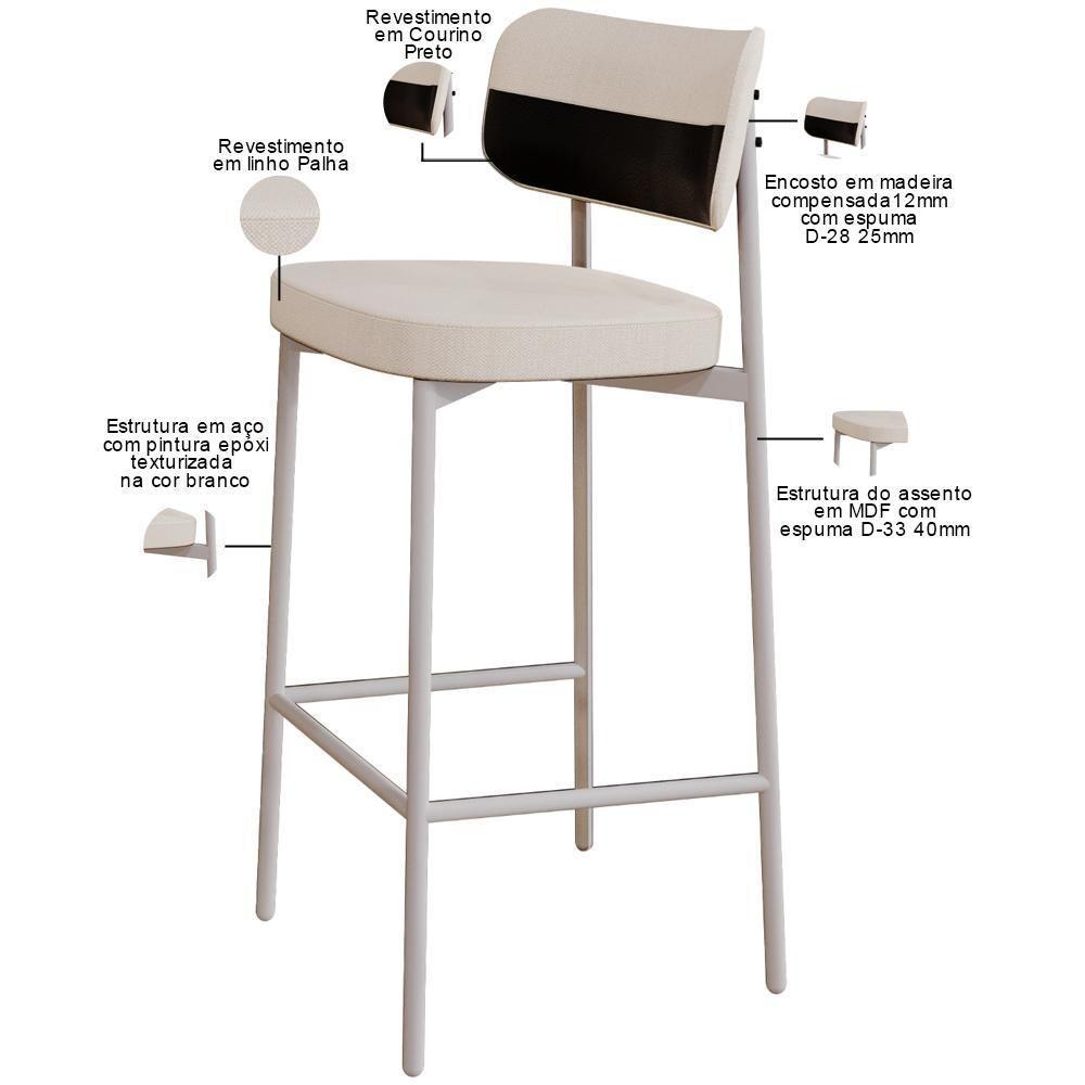 Kit 04 Banquetas Alta Bar Cozinha Sala De Jantar Aço Branco Kaira C01 Linho Palha Courino Preto - Lyam Decor - 6