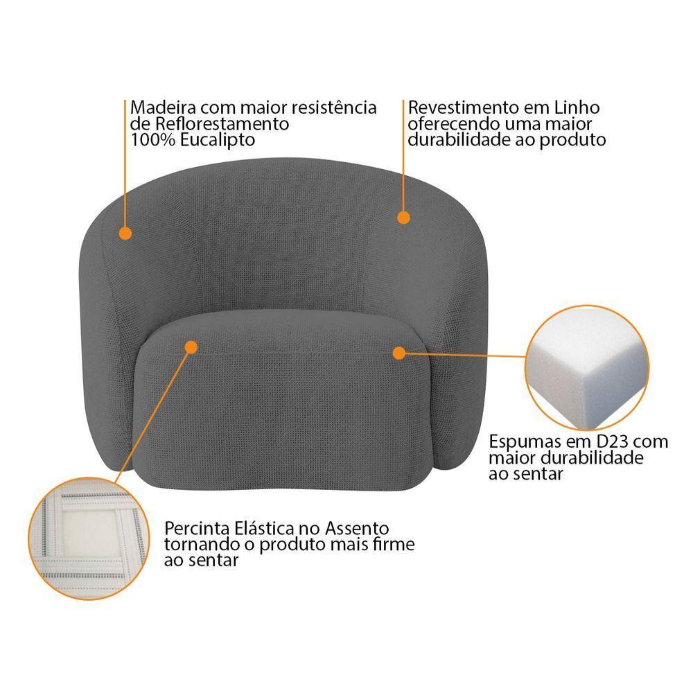 Kit Sofá 3 Lugares 200cm E Poltrona Orgânica Luxo Recepção Amore Linho Cinza - 4