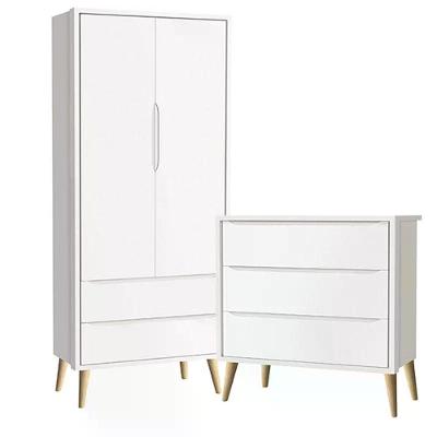 Conjunto Theo Guarda Roupa Infantil 2 Portas e Cômoda 3 Gavetas MDF Branco Fosco com Pés Madeira