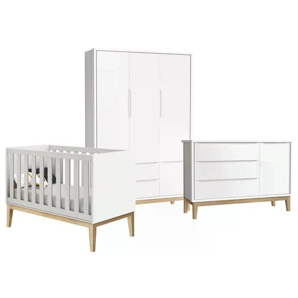 Quarto Infantil Classic 3 Portas Branco Fosco Com Pés Madeira Natural Reller Móveis - 1