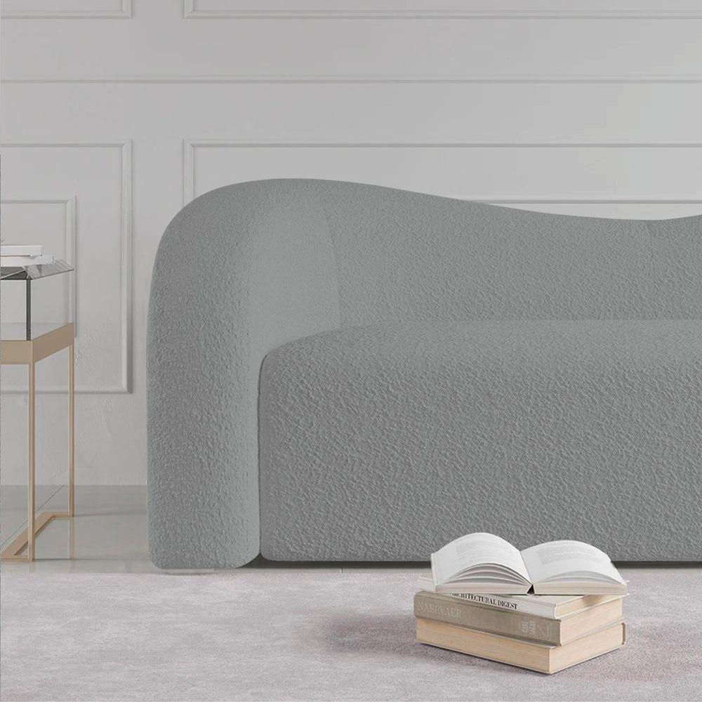 Sofá Curvo 3 Lugares Orgânico Sala Recepção Coréia 180cm Bouclé Cinza - 3