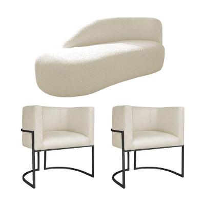 Kit Divã Luna 140cm Lado Esquerdo E 02 Poltronas Base De Ferro Preto Linho Bege
