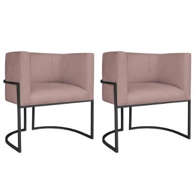Kit 02 Poltronas Decorativas Luna Base De Ferro Preto Linho Rosê