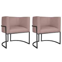 Kit 02 Poltronas Decorativas Luna Base De Ferro Preto Linho Rosê - 1