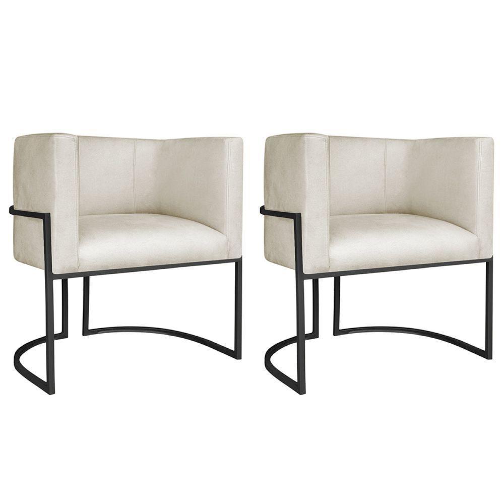 Kit 02 Poltronas Decorativas Luna Base De Ferro Preto Linho Bege - 1