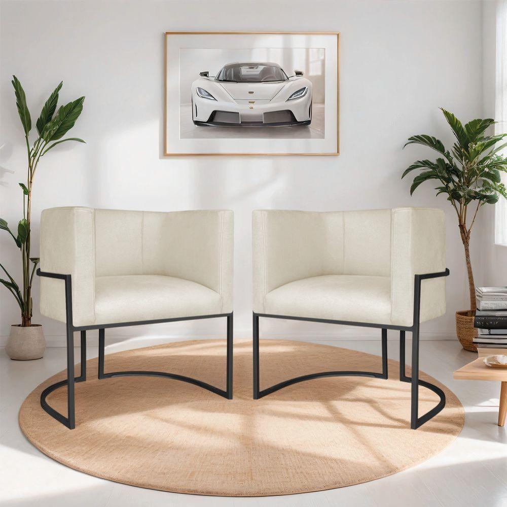 Kit 02 Poltronas Decorativas Luna Base De Ferro Preto Linho Bege - 8