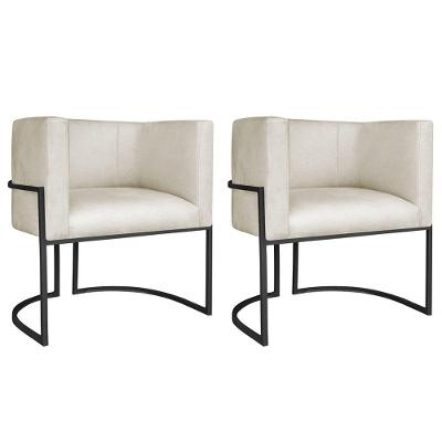 Kit 02 Poltronas Decorativas Luna Base De Ferro Preto Linho Bege