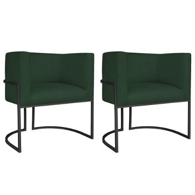 Kit 02 Poltronas Decorativas Luna Base De Ferro Preto Linho Verde