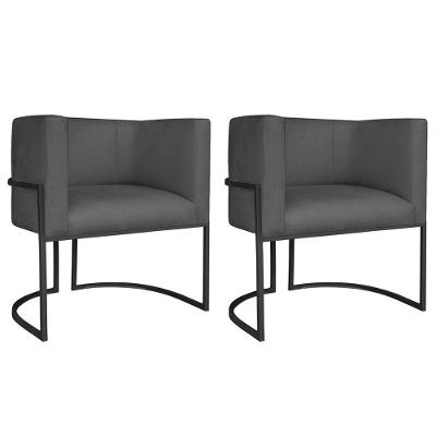 Kit 02 Poltronas Decorativas Luna Base De Ferro Preto Linho Cinza