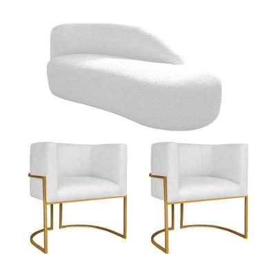 Kit Divã Luna 160cm Lado Direito E 02 Poltronas Base De Ferro Dourado Suede Branco