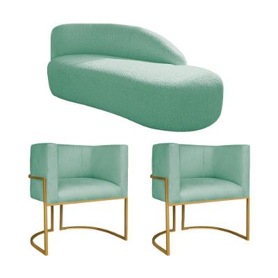Kit Divã Luna 160cm Lado Direito E 02 Poltronas Base De Ferro Dourado Suede Azul Tiffany