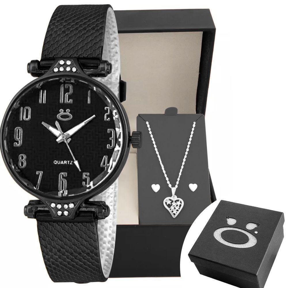 Relogio Feminino Preto Aço + Colar Coração Brinco + Caixa Inoxidável Qualidade Premium Original - 1