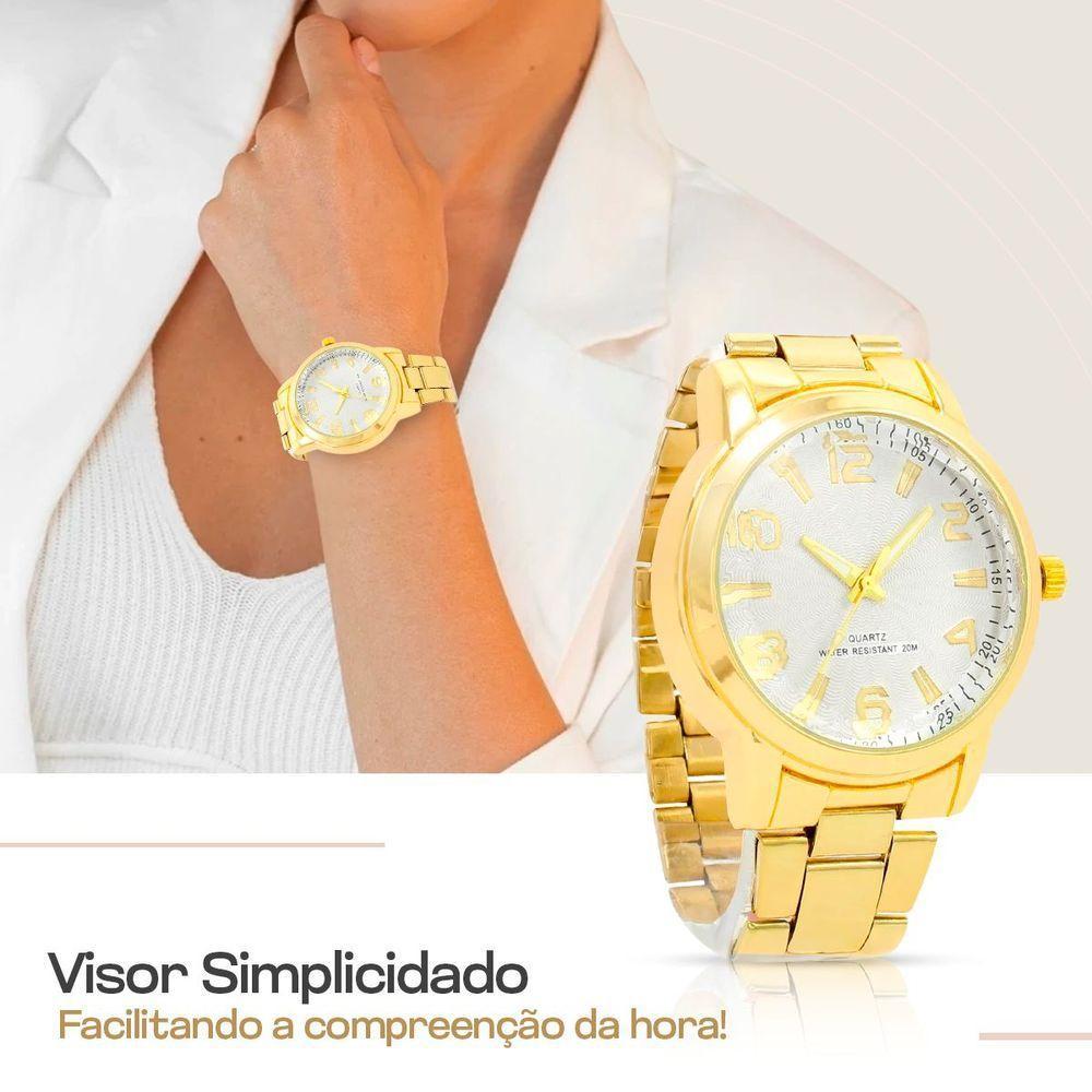 Relogio Feminino Banhado Aço + Brincos Strass Colar + Caixa Social Original Presente Casual Ponteiro - 4