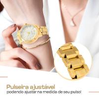 Relogio Feminino Banhado Aço + Brincos Strass Colar + Caixa Social Original Presente Casual Ponteiro - 2