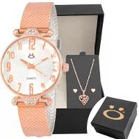 Relogio Rose Feminino Aço + Colar Coração Brinco + Caixa - 1