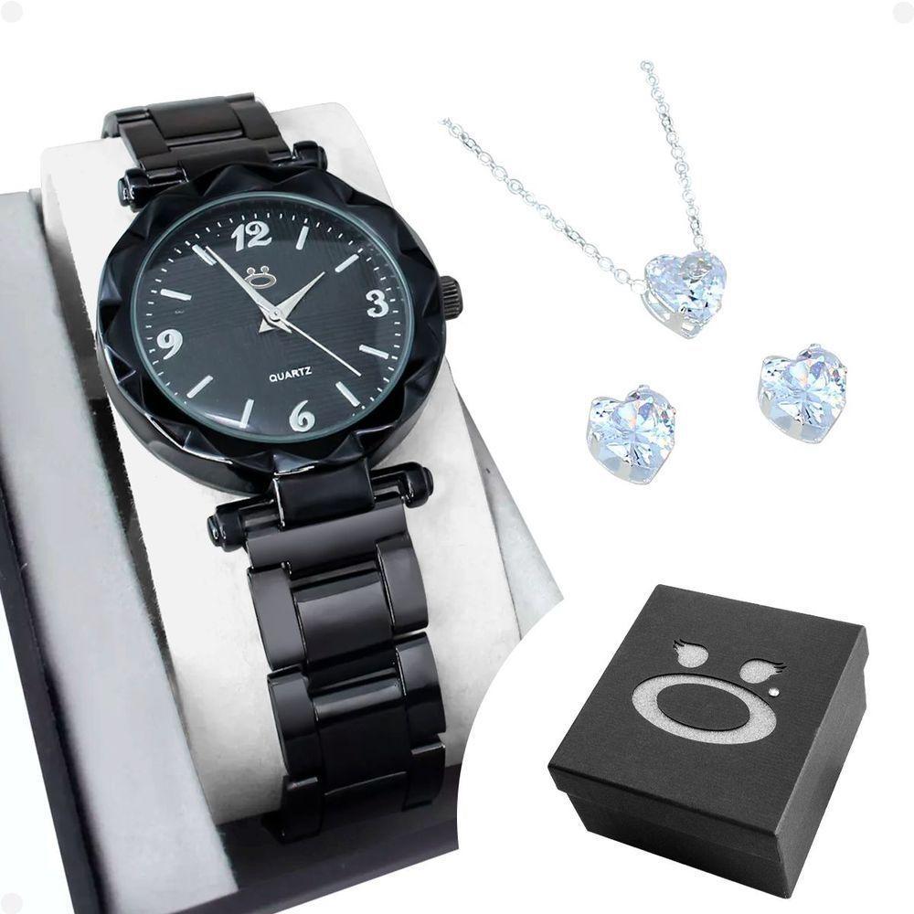 Relogio Feminino Aço Preto + Caixa + Brincos Delicado Social - 1