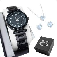 Relogio Feminino Aço Preto + Caixa + Brincos Delicado Social - 1