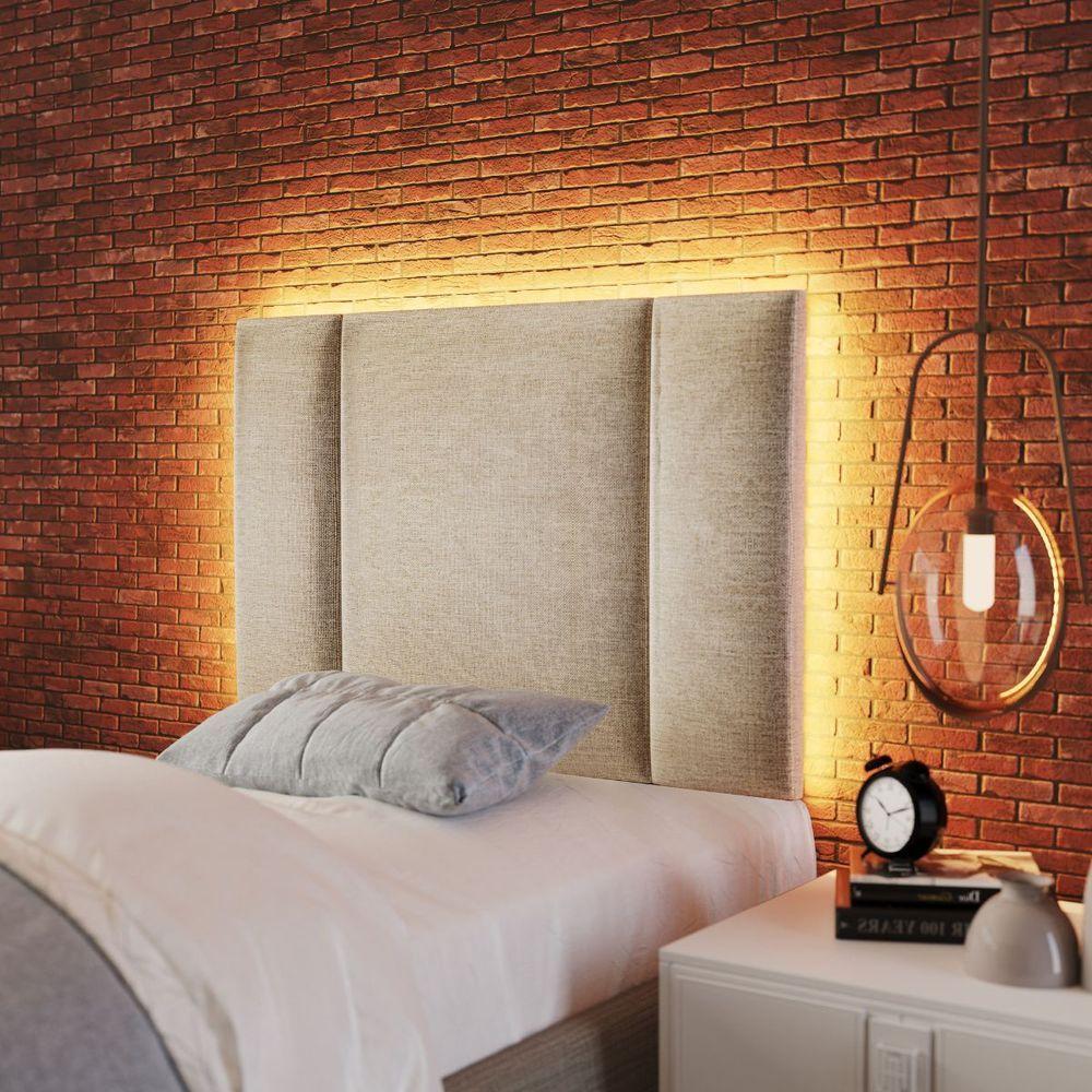 Cabeceira Estofada Cama Box Solteiro Com Led Splend 90 Cm veludo Bege - 3