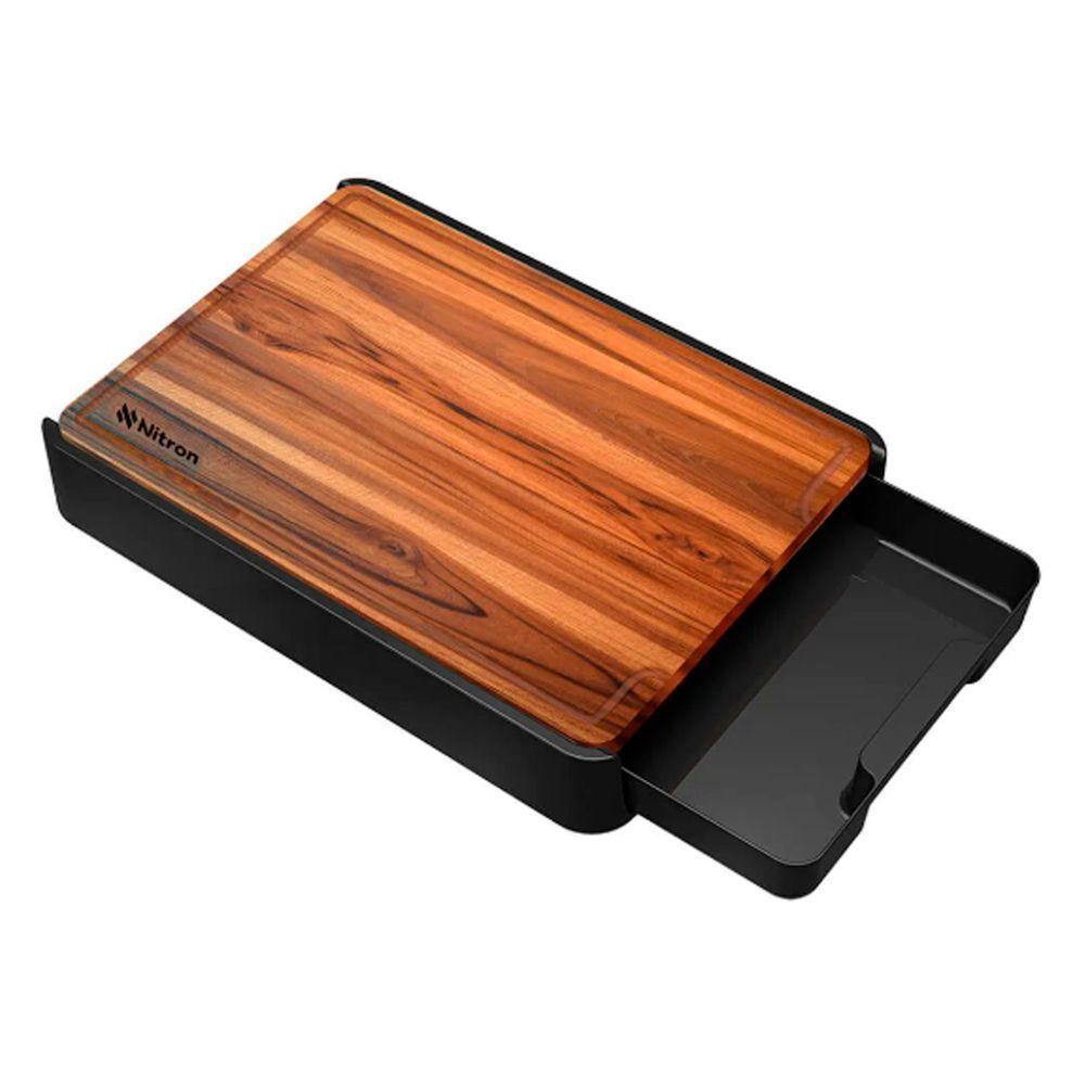 Tábua De Corte Em Madeira Teca Com Suporte E Gaveta Para Carnes Legumes Vegetais - 1