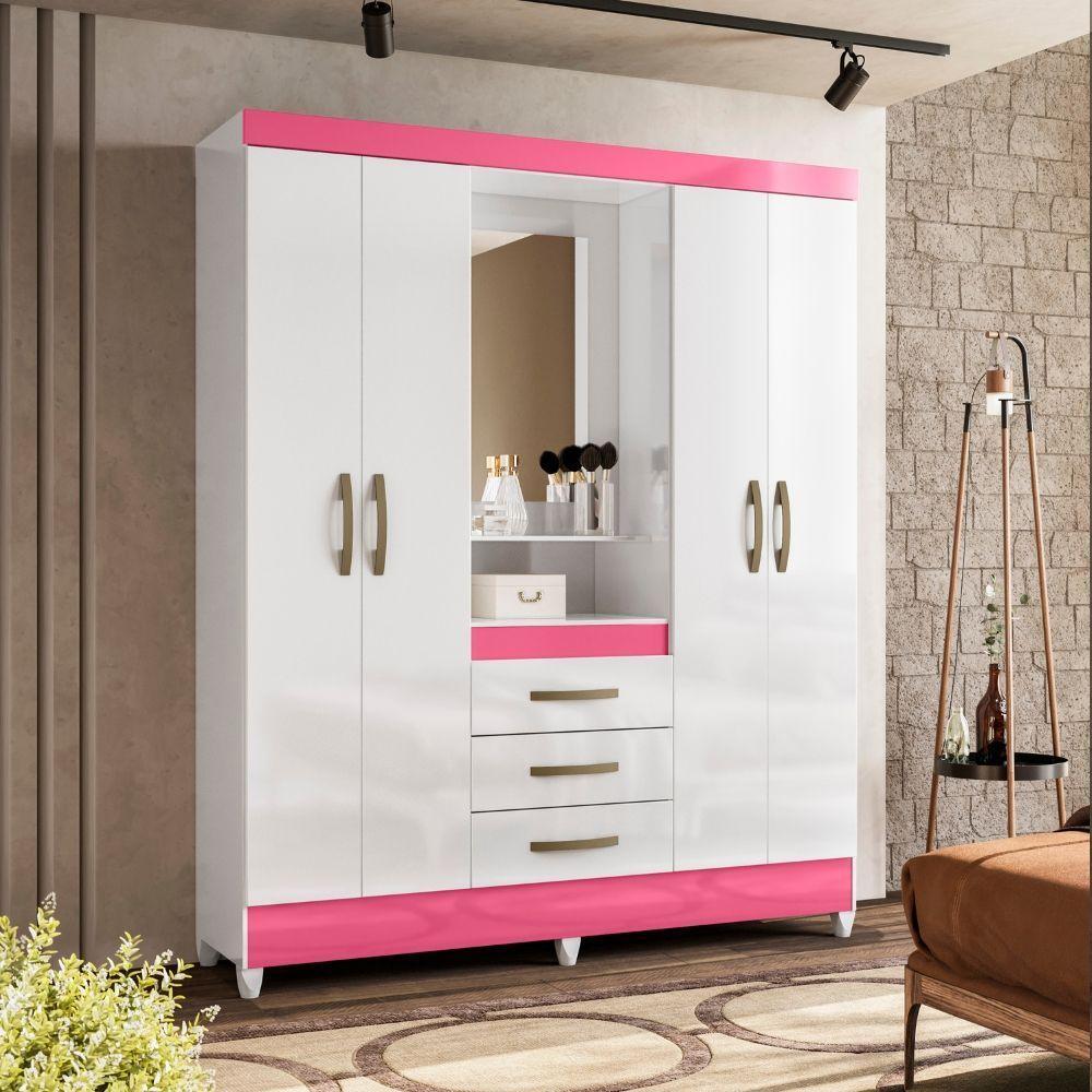 Guarda Roupa Capri Com Espelho 4 Portas Branco Rosa Flex Moval - 2