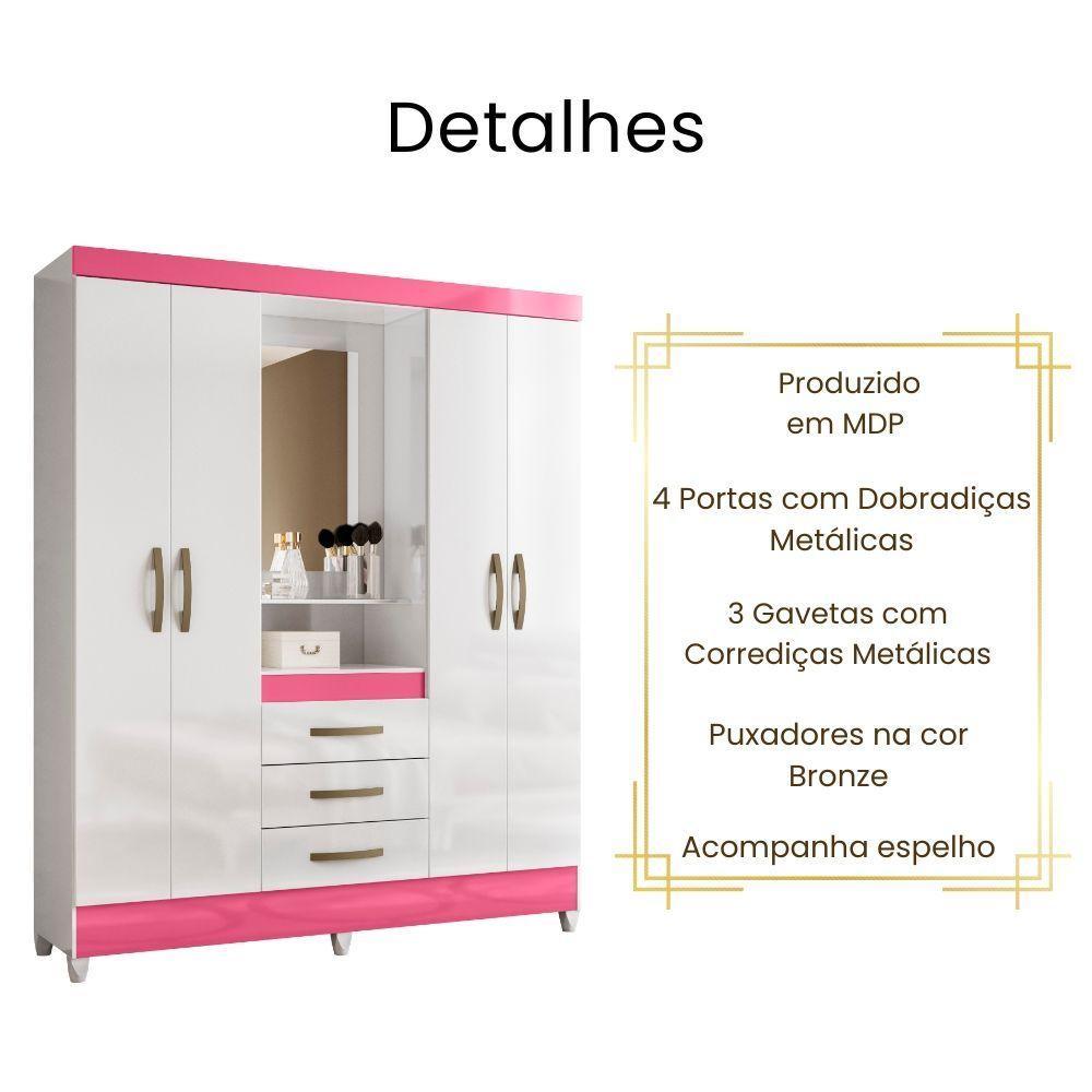 Guarda Roupa Capri Com Espelho 4 Portas Branco Rosa Flex Moval - 6