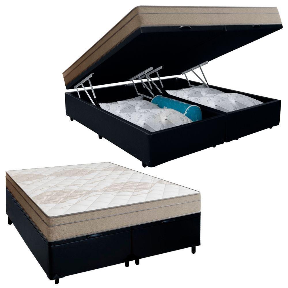 Cama Box Baú Casal Bipartido Sintético + Colchão De Molas Ensacadas Portobel Ipanema 138x188x66cm Preto - 1