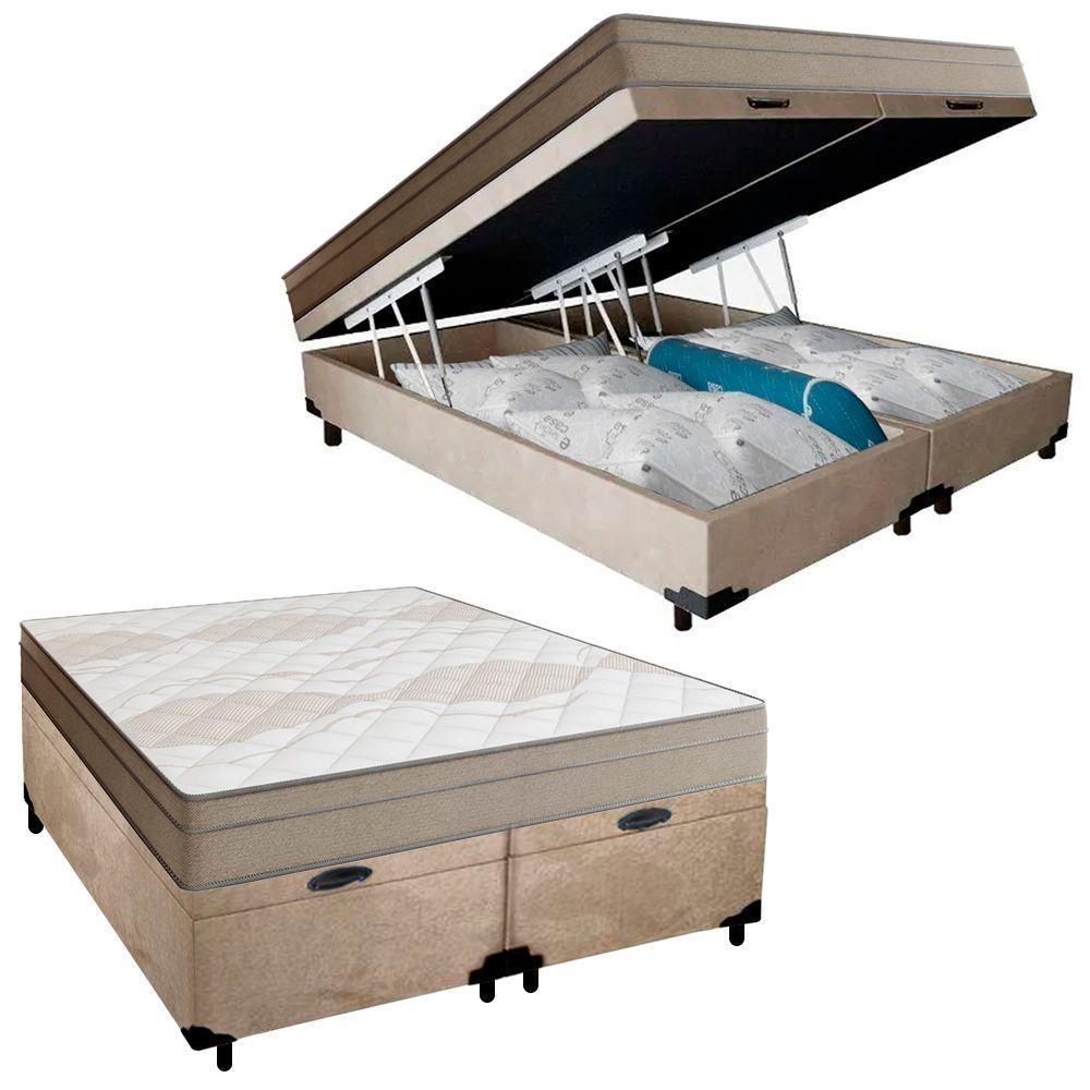 Cama Box Baú Casal Bipartido Suede + Colchão De Molas Ensacadas Portobel Ipanema 138x188x66cm Bege - 1