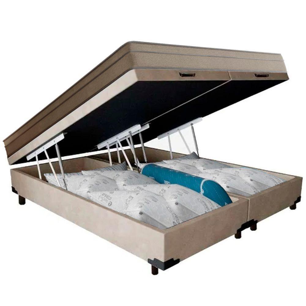 Cama Box Baú Casal Bipartido Suede + Colchão De Molas Ensacadas Portobel Ipanema 138x188x66cm Bege - 2